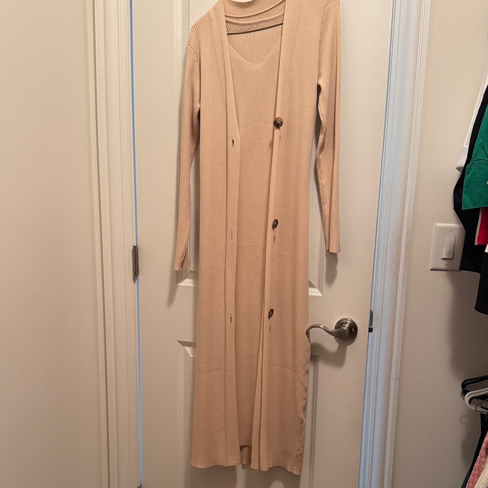 Long Beige Cardigan dress with Buttons